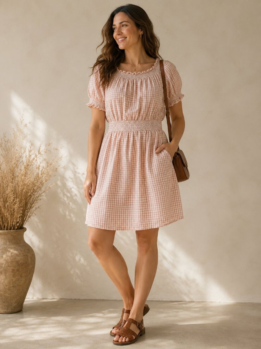 J.Crew Smocked Puff Sleeve Cotton Poplin Gingham Dress Pink XL